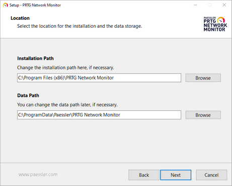 Setup Dialog: Location for Installation and Data Storage